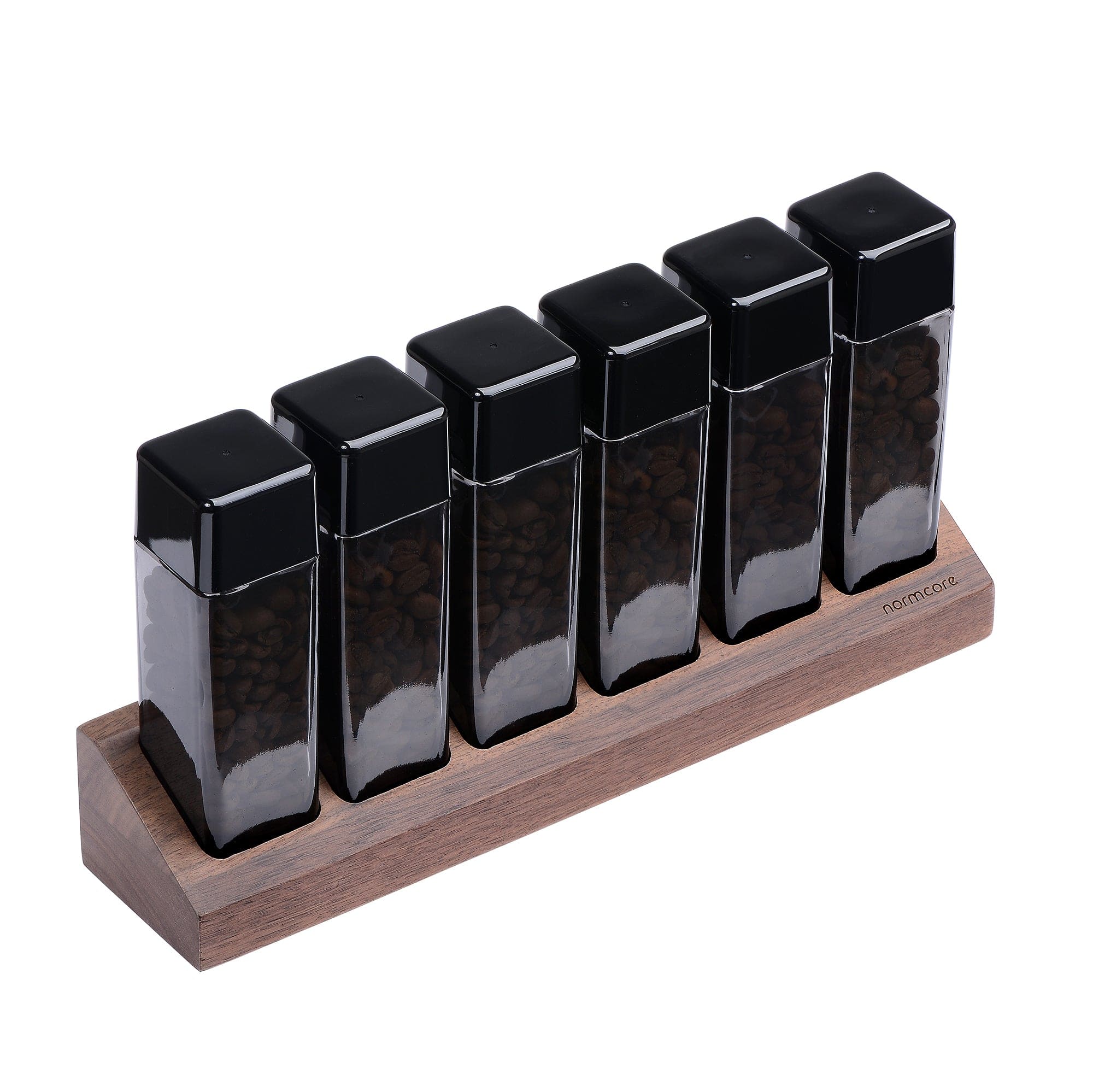 Normcore / 6 GLASS TUBES COFFEE BEAN CELLARS  WITH WALNUT STAND